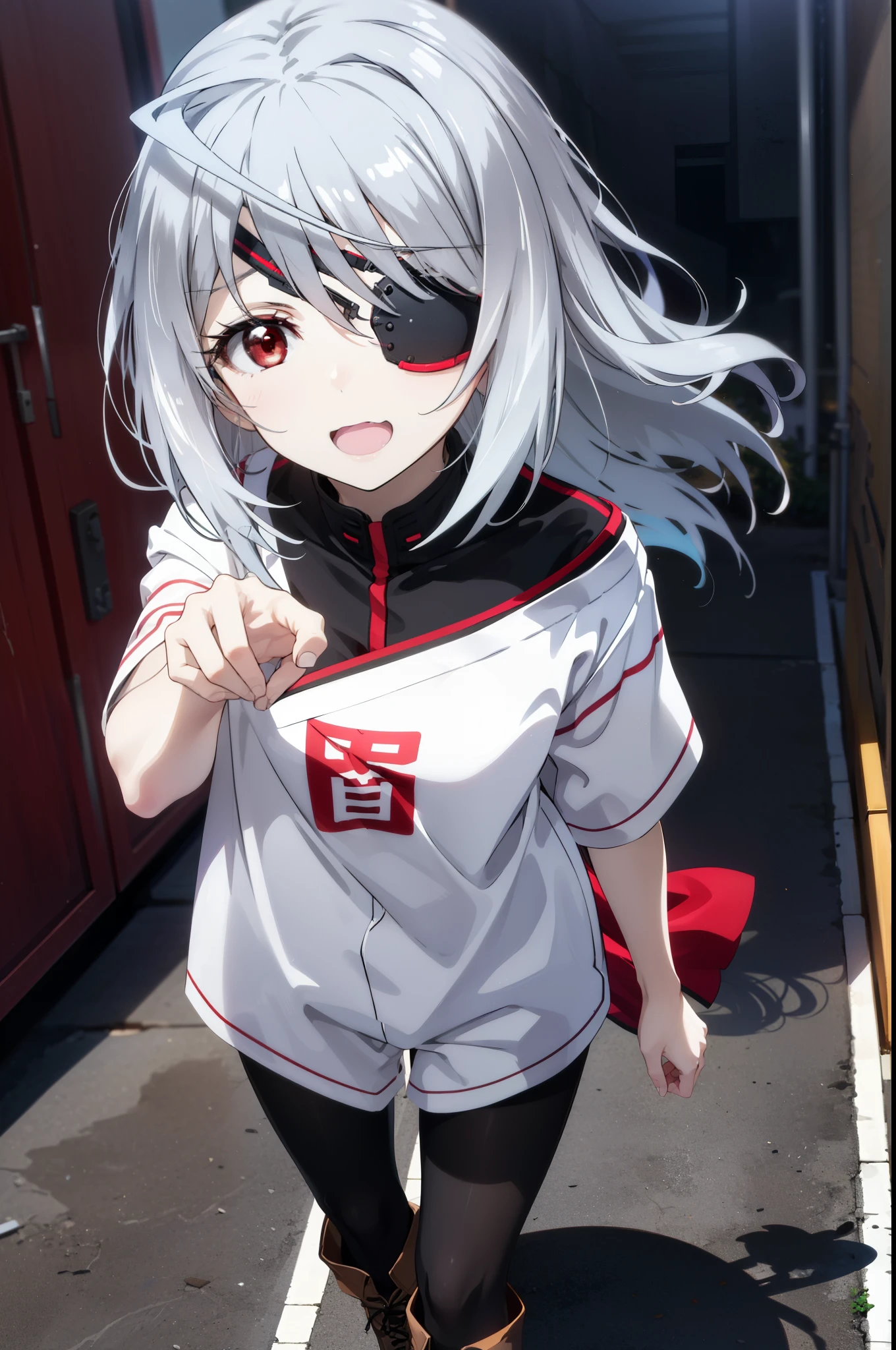 Laurabodewig, Laura Bodewig, Long Hair, (Red eyes:1.3), Grey Hair, Eye patch,smile,tooth,Open your mouth,Oversized one-shoulder shirt,Short sleeve,Shorts,Black pantyhose short boots,Walking,Daytime,Clear skies,whole bodyがイラストに入るように,
break outdoors, Building district,
break looking at viewer, whole body,
break (masterpiece:1.2), Highest quality, High resolution, unity 8k wallpaper, (figure:0.8), (Beautiful attention to detail:1.6), Highly detailed face, Perfect lighting, Highly detailed CG, (Perfect hands, Perfect Anatomy),