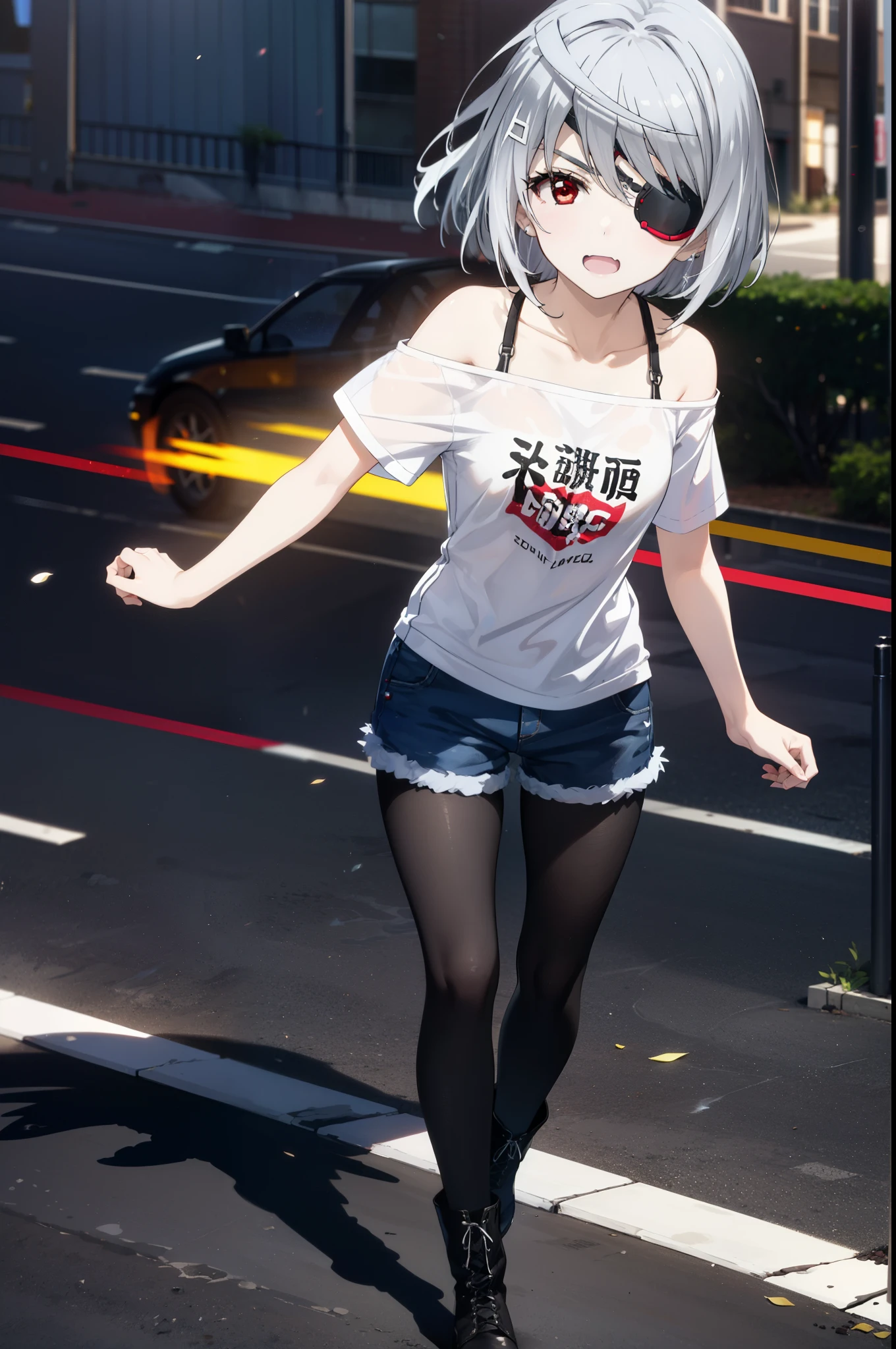 Laurabodewig, Laura Bodewig, Long Hair, (Red eyes:1.3), Grey Hair, Eye patch,smile,tooth,Open your mouth,Oversized one-shoulder shirt,Short sleeve,Shorts,Black pantyhose short boots,Walking,Daytime,Clear skies,whole bodyがイラストに入るように,
break outdoors, Building district,
break looking at viewer, whole body,
break (masterpiece:1.2), Highest quality, High resolution, unity 8k wallpaper, (figure:0.8), (Beautiful attention to detail:1.6), Highly detailed face, Perfect lighting, Highly detailed CG, (Perfect hands, Perfect Anatomy),