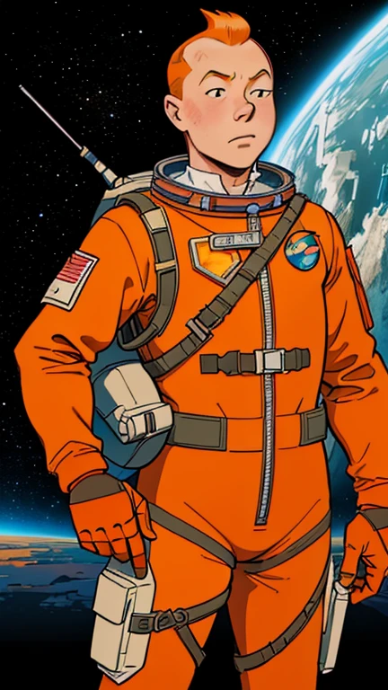 (Teens:1man: Tintin), (extremely detailed CG unit 8k wallpaper),(master part), (best quality), (ultra detali), (best illustration),(timmstyle), cowboy shot, (Sharp eyeliner, ombre, detailed eyes:1),Dark midnight derelict spaceship interiors background, ,break , (astronaut in an orange space suit), upper body, short hair, orange hair