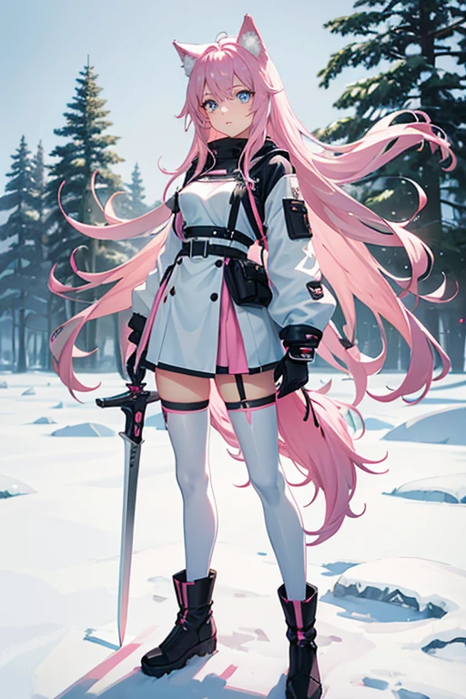 wolf girl, pink hair, light blue eyes, short fluffy boots, toes must be showing at the end of the boots, full body, long wavy hair, gentle smile, medium breasts, black see through panty hose not white , adventurer white leather jacket, short-medium length skirt, standing up normally in a snowy field, holding a black white and light pink futuristic short sword