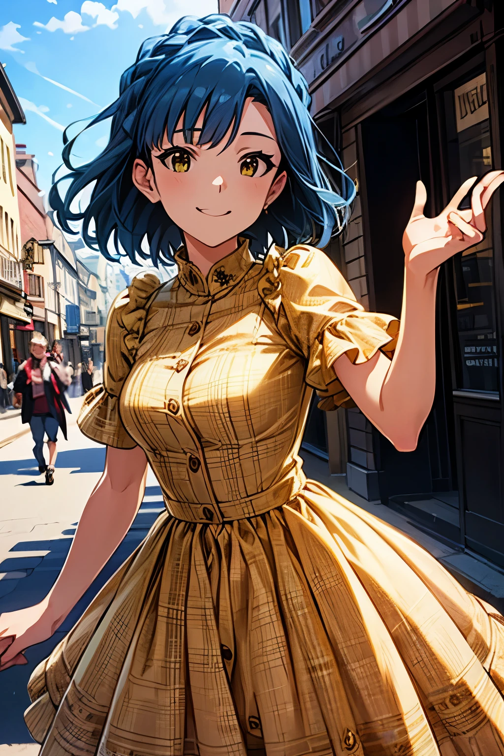 yuriko nanao (million live), 1 girl, Solo, Best Quality, masterpiece, 8K, High resolution, Ultra-detailed, madeon, smile, have fun, yellow dress, plaid dress, on the street, European town,