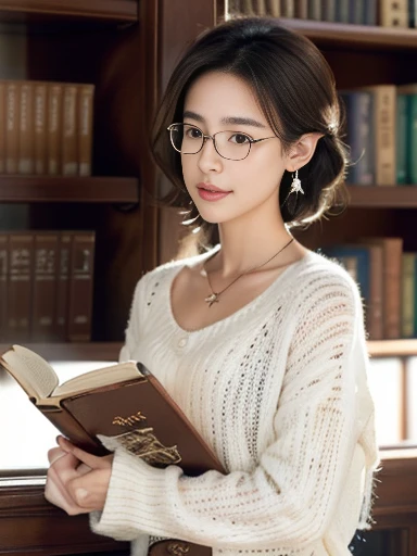   (8k, RAW photo, best quality, masterpiece), (photo realistic), outstanding details, ultra-high resolution, anatomically correct, textured skin, 

(cowboy shot:1.4),  from side angel, wide angel, 
A female librarian arranging books in the library, A cute 30-year-old Japanese woman, 

 (fearless smile:0.1), 
(Downturned Eyes:1.6), pupils sparkling, Cute and small duck mouth, small and cute nose, thin lips, thin eyebrows, 
 (lower chignon), short hair,　dark brown hair, Forehead, 
beautiful Earrings, Necklace, half rim glasses,
off-white summer sweater, 

(background Spacious library interior, bookshelves), 
atmospheric perspective, depth of field, 
(backlighting), 
reflection light from below, 
(dramatic lighting), cinematic lighting,  animated expression,