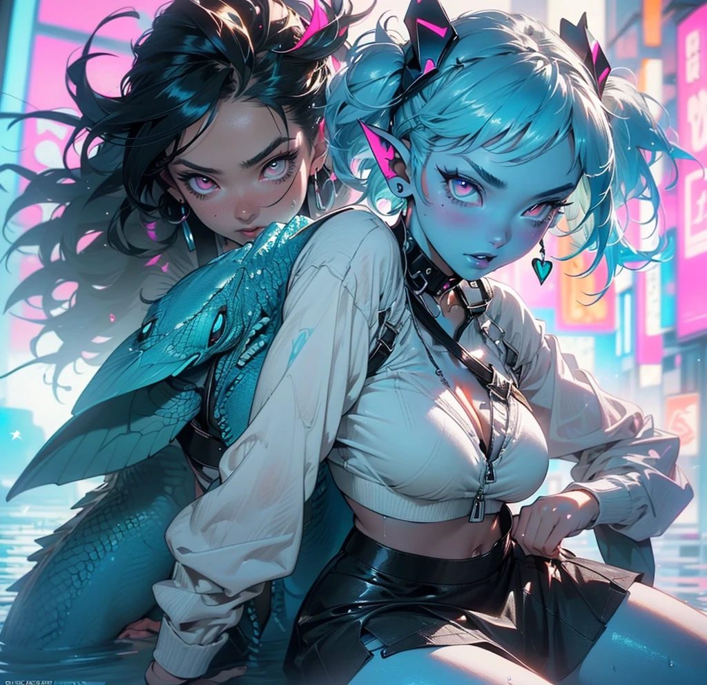 girl alien,(((1girl))),((beautiful girl alien)),
Alien Fish girl, ((blue skin:1.5)), (huge eyes:1.5), (((ear fins:1.5))), (((scaly skin:1.5))),((monster_girl)),(deep blue skin:1.5),
(turquoise hair:1.5), short hair, (((very short hair:1.5, twintails hairstyle))),
(glowing eyes, turquoise_eyes:1.0), (((black sclera:1.5))),symmetrical eyes,(large breasts:1.4),saggy breasts,((colored inner hair)),((fat)),(((shiny body,plastic glitter skin,exaggerated shiny skin,illuminated skin,wet legs))),(spider lower abdomen,narrow waist,wide hip,athletic body,inflated legs,detailed body,(detailed face)),
cute,slutty,seductive,erotic,((nsfw)),
zettai ryouiki,revealing clothing,show skin,((rave bikini,((neon pink color rave mini-skirt)),visible thong straps)),((underpants strap)),(wearing a rave dancing outfit:1.3,rave dancing clothes,semi-naked,with little clothing),(((pink clothes))),((wet clothes,intricate outfit,intricate clothes)),
(dynamic pose:1.0),solo focus,embarrassed,(centered,scale to fit dimensions,Rule of thirds),
cyberpunk city by the ocean at night, with bright neon signs and dark stormy clouds and puddles, scenery:1.25,nighttime, starry night, cosmos,Very dark night that makes the neon lights stand out, very bright neon lights,
artistic photography,(photography taken by sldr),highres, sharp focus,(ultra detailed, extremely detailed), (photorealistic artwork:1.37),(extremely detailed CG unity 8k wallpaper),((synthwave background theme)),(((vibrant colors))),intricate,(intricate background),(masterpiece),(best quality),perfect rendered face,perfect face details,realistic face,photo realistic,analog style,((intricate detail)),(((realism))),