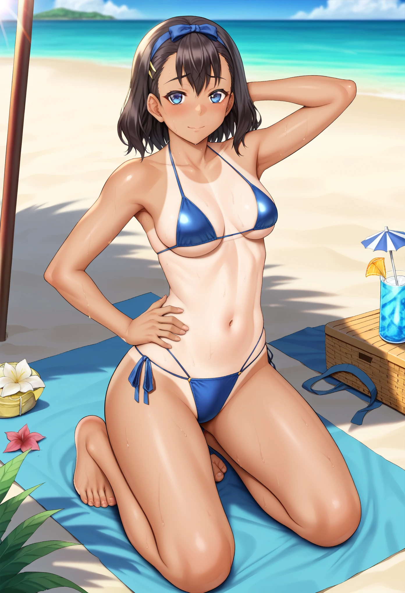 score_anime, score_9, score_8_up, score_7_up, masterpiece, best quality, cellshade,  rebis style-pxl, BREAK 
1girl,  blue bikini, bikini, kneeling, arm behind head, hand on own hip, looking at viewer, facing viewer, blush, embarrassed, light smile, beach, sunlight, sweat, dark skin, tan, tanline, dark skinned female