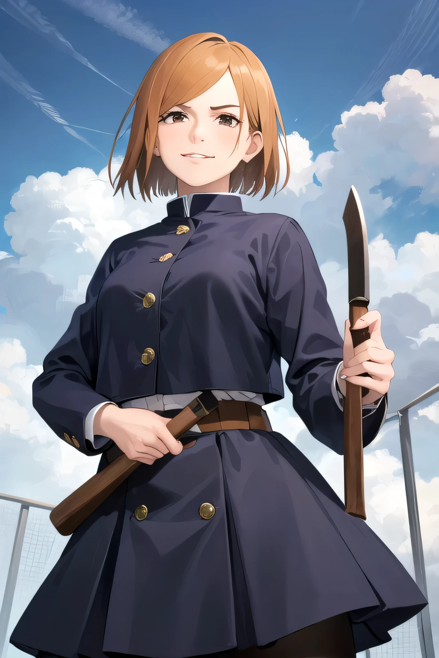 (work of art, best qualityer:1.2), cowboy shot, standing alone, 1 girl, Kugisaki Nobara, pretentious smile, cloused mouth, looking ahead at viewer, holding a hammer in his right hand, Black jacke, overskirt, pantyhose