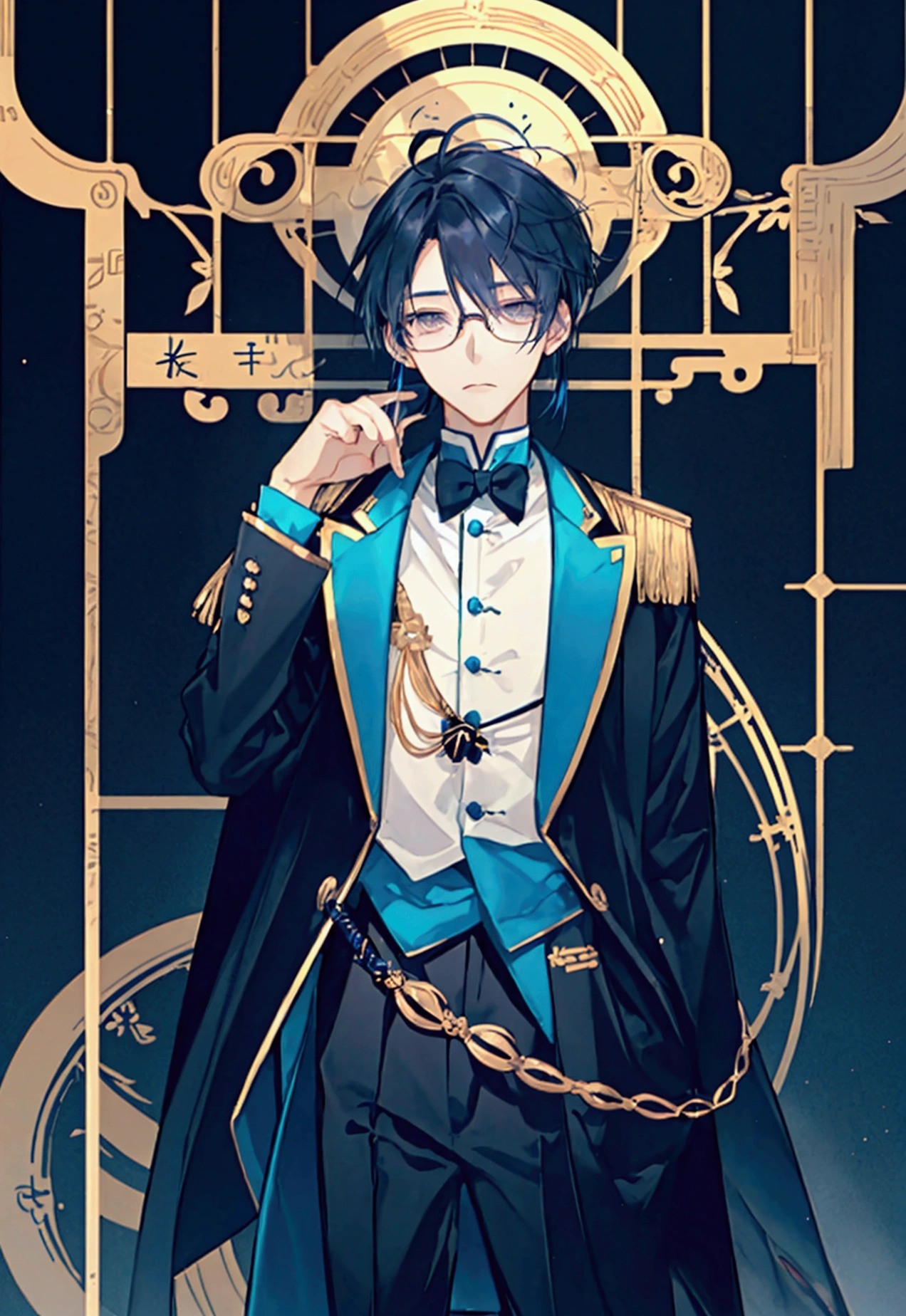 (Tsumugi Aoba is a tall -yead youman with an average build and lighter skin.. He has natural dark blue hair, wavy and shaggy with long bangs that cover her forehead and the ends of her hair are curved. It's shoulder length with turquoise highlights on the left side.. he has golden eyes. He also wears large black-rimmed glasses due to his nearsightedness., and dark blue stud earrings. has a fragile body, but beautiful)