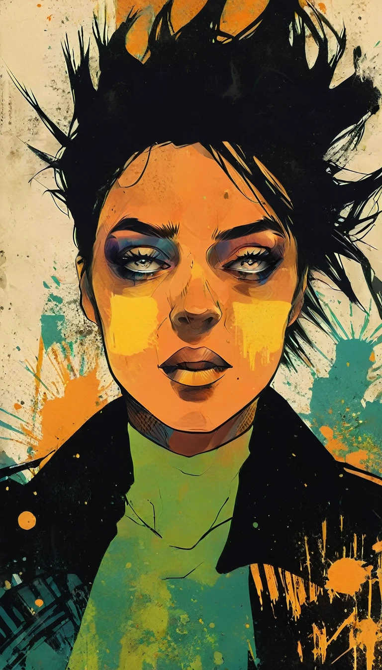 a mixed media painting with colorful green and black hair around the eyes, in the style of neo-pop collages, large canvas format, stencil art, street art photography, made of glass, detailed, layered compositions, high contrast compositions