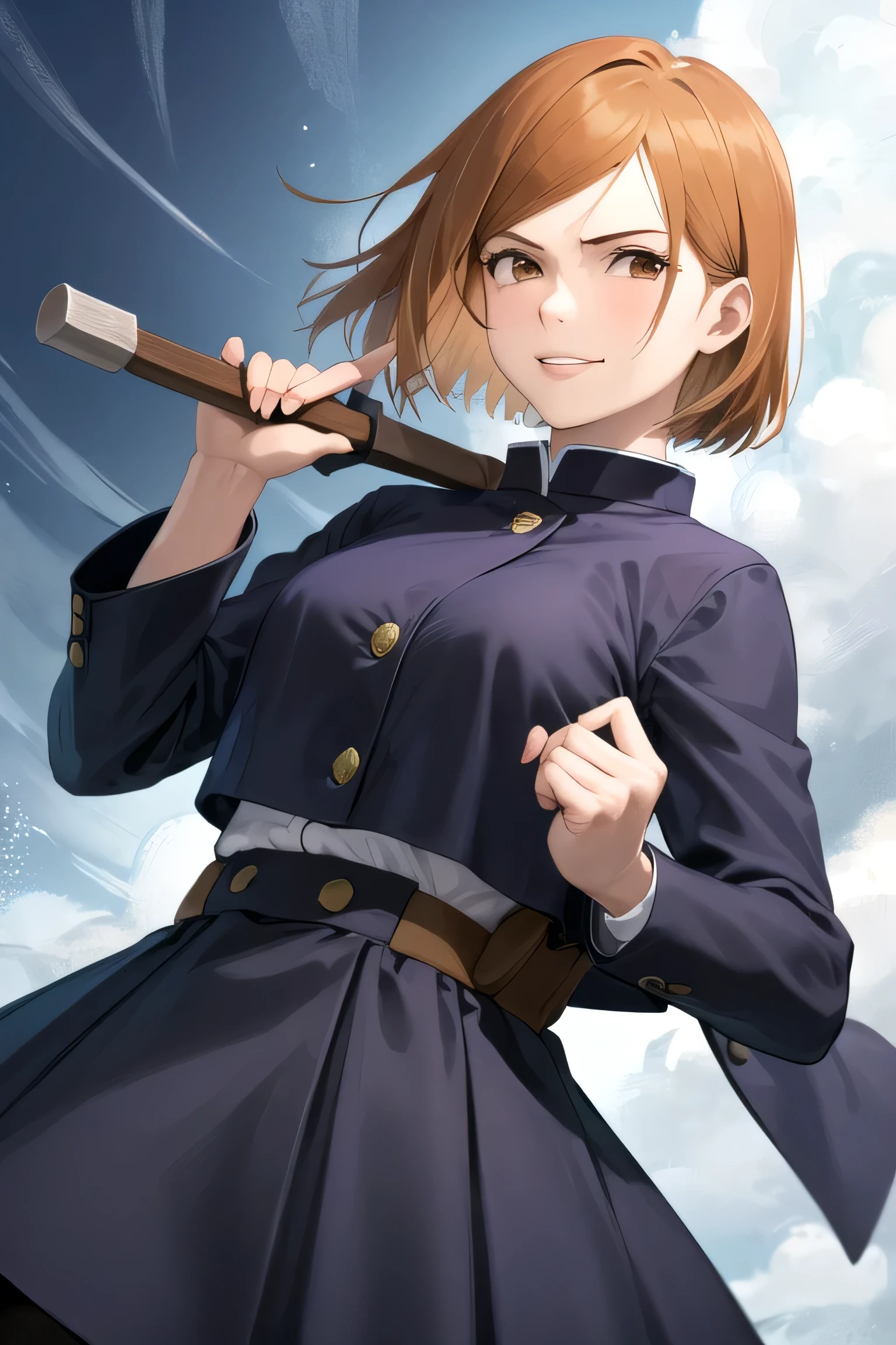 (work of art, best qualityer:1.2), cowboy shot, standing alone, 1 girl, Kugisaki Nobara, pretentious smile, cloused mouth, looking ahead at viewer, holding a hammer in his right hand, Black jacke, overskirt, pantyhose