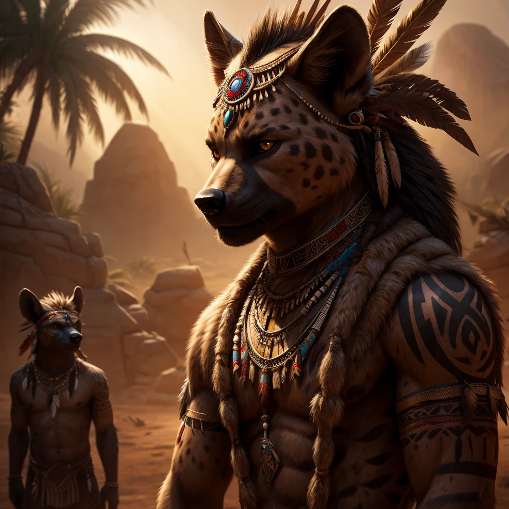 a male hyena, tribal people, 3 persons, detailed portrait, character design, digital art, concept art, fantasy, tribal tattoos, headpiece, jewelry, detailed clothing, dramatic lighting, cinematic composition, highly detailed, photorealistic, 8k, best quality, masterpiece