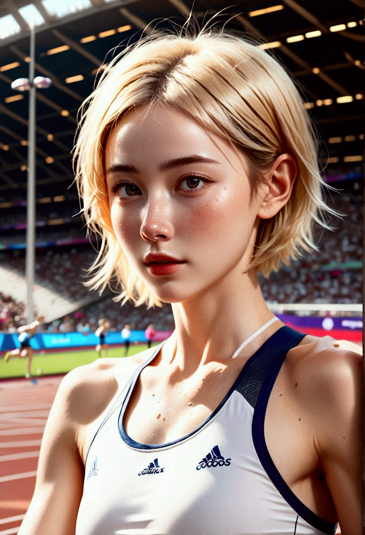 Paris Olympic Athletics Stadium, ((Masterpiece, Top Quality, High Resolution, Very Detailed)), (1 woman in her early 20s with beautiful features_very few freckles on the bridge of her nose, very hot and sexy, perfect proportions, beautiful body, slim body beauty:1.3), Olympics, Athletics Stadium, Female athlete running long distance, sports photo, (slightly sweaty bangs:1.3, exhausted, shiny pale skin, blonde very short hair_detailed:1.2), wearing tight white athletics suit_realistic details:1.2, 8k, high resolution, top quality,