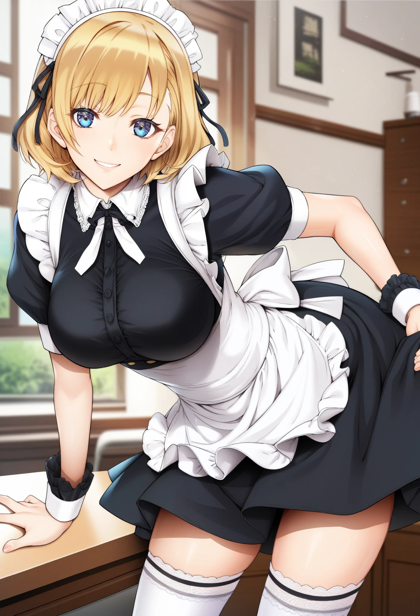  rebis style-pxl, score_9, score_8_up, score_7_up, source_anime, rating:general, masterpiece, best quality, KiliuP, 1girl, leaning forward, smile, bangs, breasts, maid headdress, maid, frills, black dress, detached collar, puffy short sleeves, wrist cuffs, apron, white thighhighs, wavy short hair, blonde hair, looking at viewer,