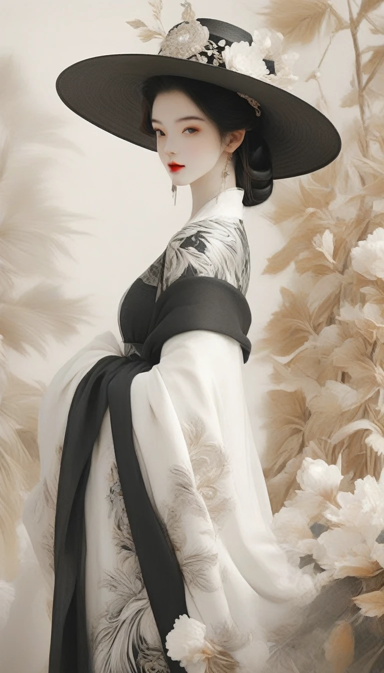 arafed image of a woman in a black and white dress and hat, digital art of an elegant, wearing black dress and hat, exquisite digital illustration, elegant digital painting, black and white colors, with straw hat, elegant and graceful, mysterious glamour, elegant woman, black and white color, detailed dress and face, a beautiful artwork illustration, stunning art style