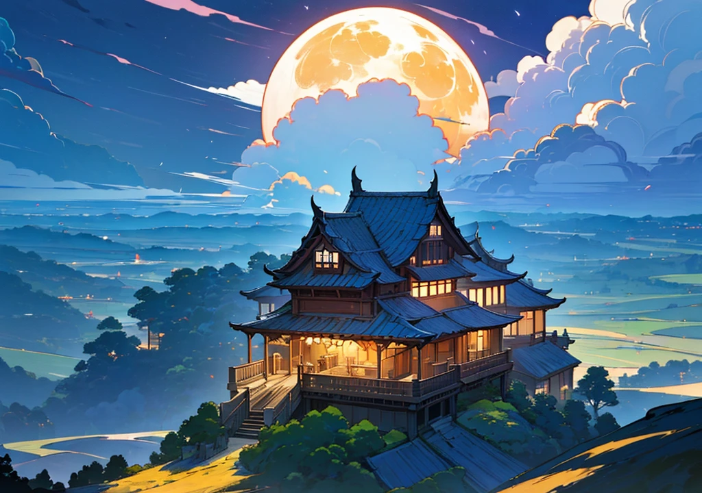 (((Floating House, The house is floating,Western style,Cafe, Western style建築, Stylishな家))), (Stylish, Fantasy, Night view、beautiful月、full moon、beautiful空, cumulonimbus), nature, beautiful, beautiful, beautiful空, (Landscape painting, Anime Style, Anime Style景, background), (high resolution, Sharp lines, High quality)