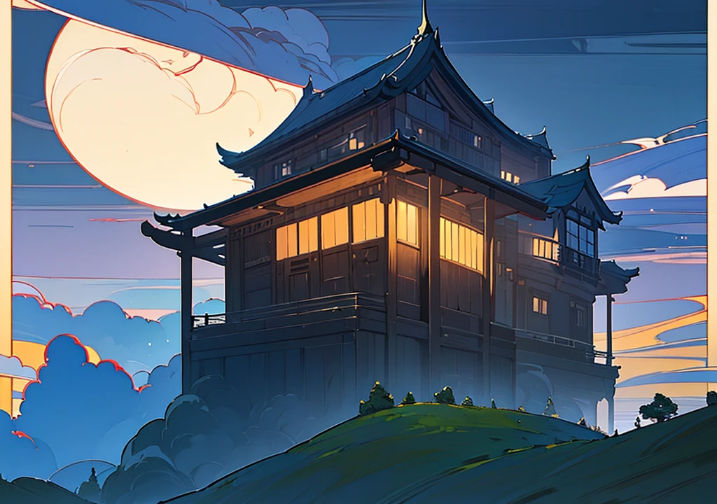 (((Floating House, The house is floating,Western style,Cafe, Western style建築, Stylishな家))), (Stylish, Fantasy, Night view、beautiful月、full moon、beautiful空, cumulonimbus), nature, beautiful, beautiful, beautiful空, (Landscape painting, Anime Style, Anime Style景, background), (high resolution, Sharp lines, High quality)