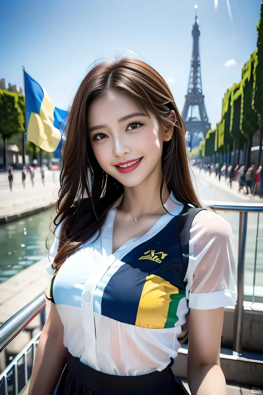 (((Costume inspired by the Ukrainian flag:1.3))),(),(((smile:1.3))),(((Women supporting the Paris Olympics:1.3))),(((International flags on the streets of Paris))),(((Eiffel Tower in the background))),(((The Seine in the background))),masterpiece,Highest quality,Ultra-high resolution output images,Write Boundary Depth,Intricate details,Add depth to your subject with contrast between light and shadow,Anatomically correct facial structure),(Picture Mode Ultra HD,)