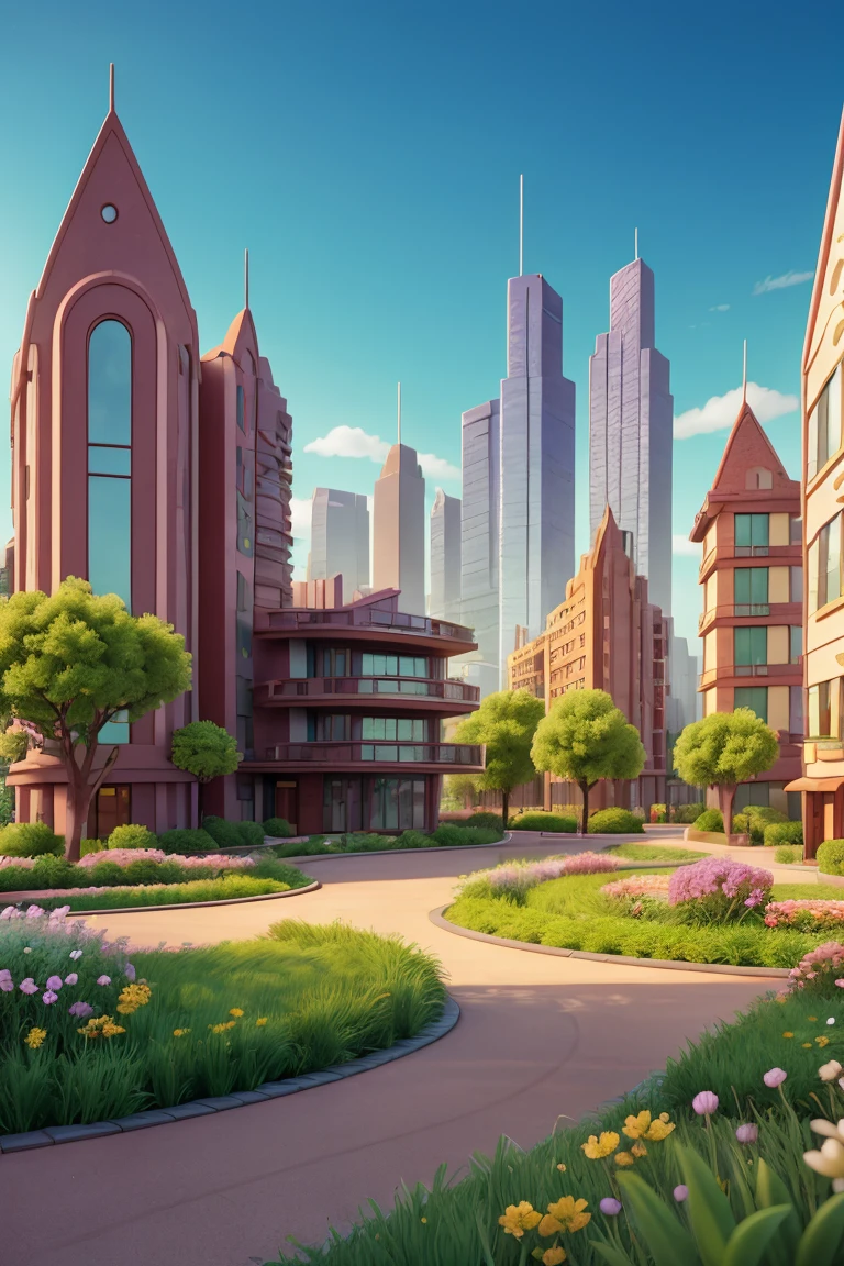 futuristic city with buildings and houses, several blocks, mountains in the background, Square with garden, ultra detail, moderno, very beautiful, masterpiece, for 3D animation scene , ultra realisitic, conceptual artwork, multiple angles, perspectives for 3D modeling, the same building in front and profile, animation studio pixar style, animation building , swirly vibrant colors, nice for children, chibi style, very fluffy, strong colors, very colorful