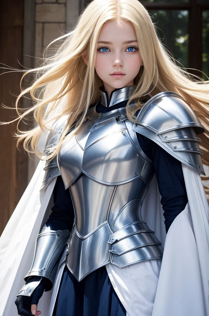  blonde blue eyed girl with long hair wearing plate armor adorned with a white cape. 