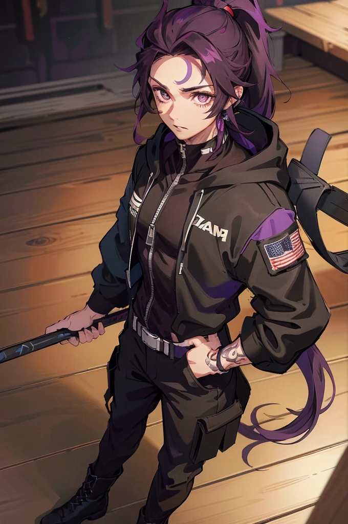 Male, man looking, handsome, tall, solo, black cargo Pants, black combat boots, black hoodie, Half black Half purple hair, ponytail hair, one purple eye, one Golden eye, looking at viewer, tattoos all over the body, forest background, 17 year old