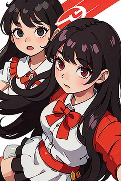Black haired girl with a white shirt red tie red bow on her head loose hair and black skirt