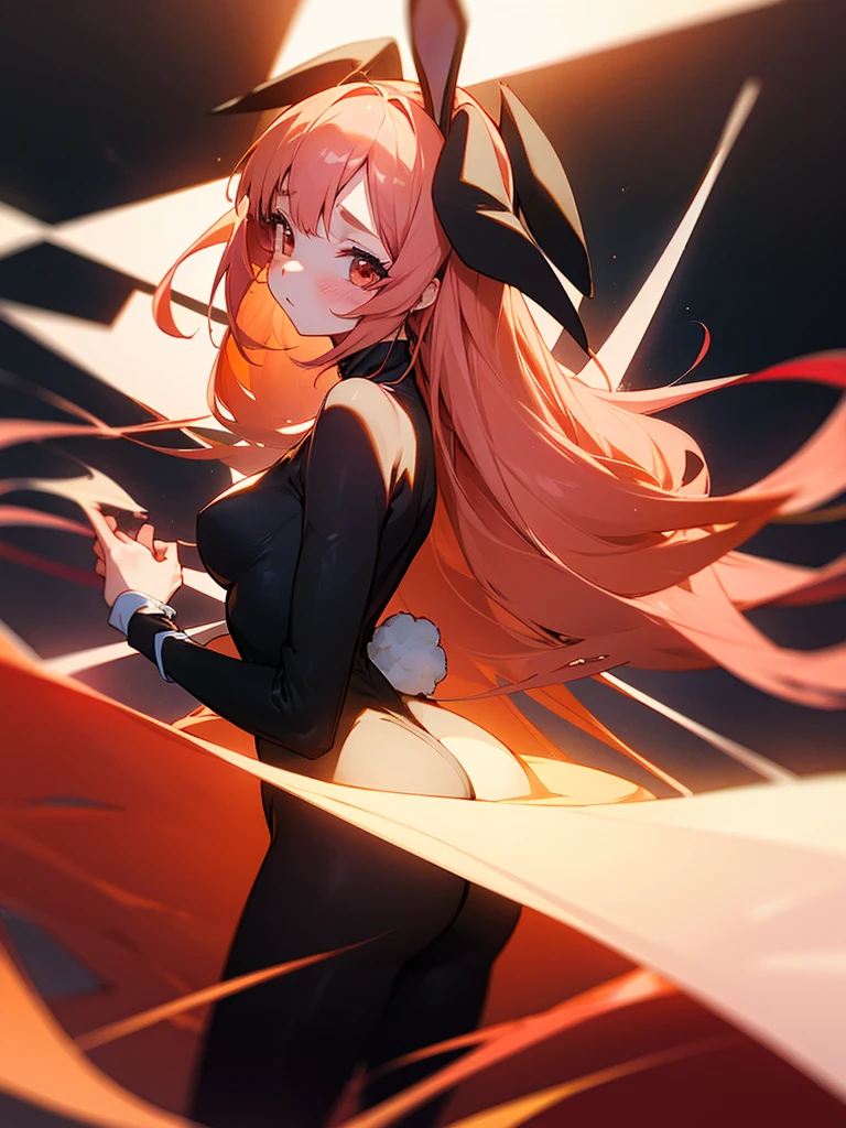 One girl, long peach-colored hair, High resolution, Bunny ears, Red face, Background blur, Anime Style, A revealing black bunny suit，Knitted tights，I&#39;m in the casino，Holding a tray with glasses，The skin on the arms and navel is exposed