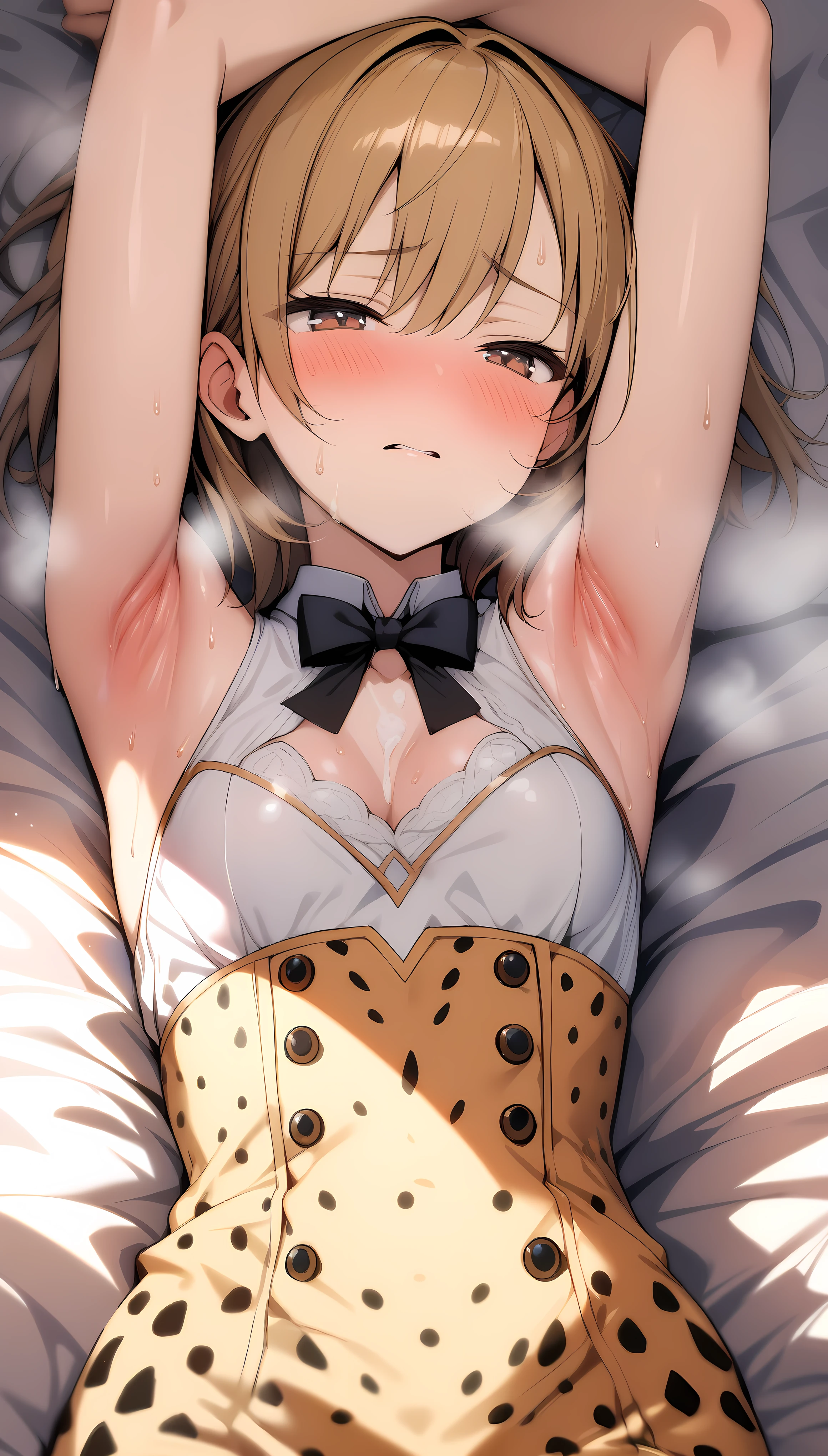 (masterpiece:1.2), hyper detail, best quality, (intricate_details:1.1), beautiful detailed, beautiful hair,short cut hair, solo, 1girl,Serval,(sweating:1.3),(steam),heavy breathing,steam,blush,from above,shoulder,cleavage,darkillumination,backlighting,small breasts,pov,lying on bed,armpit,BREAK (1boy,touch armpit:1.2),BREAK legwear, black bowtie,white sleeveless shirt, high-waist skirt,cum on body