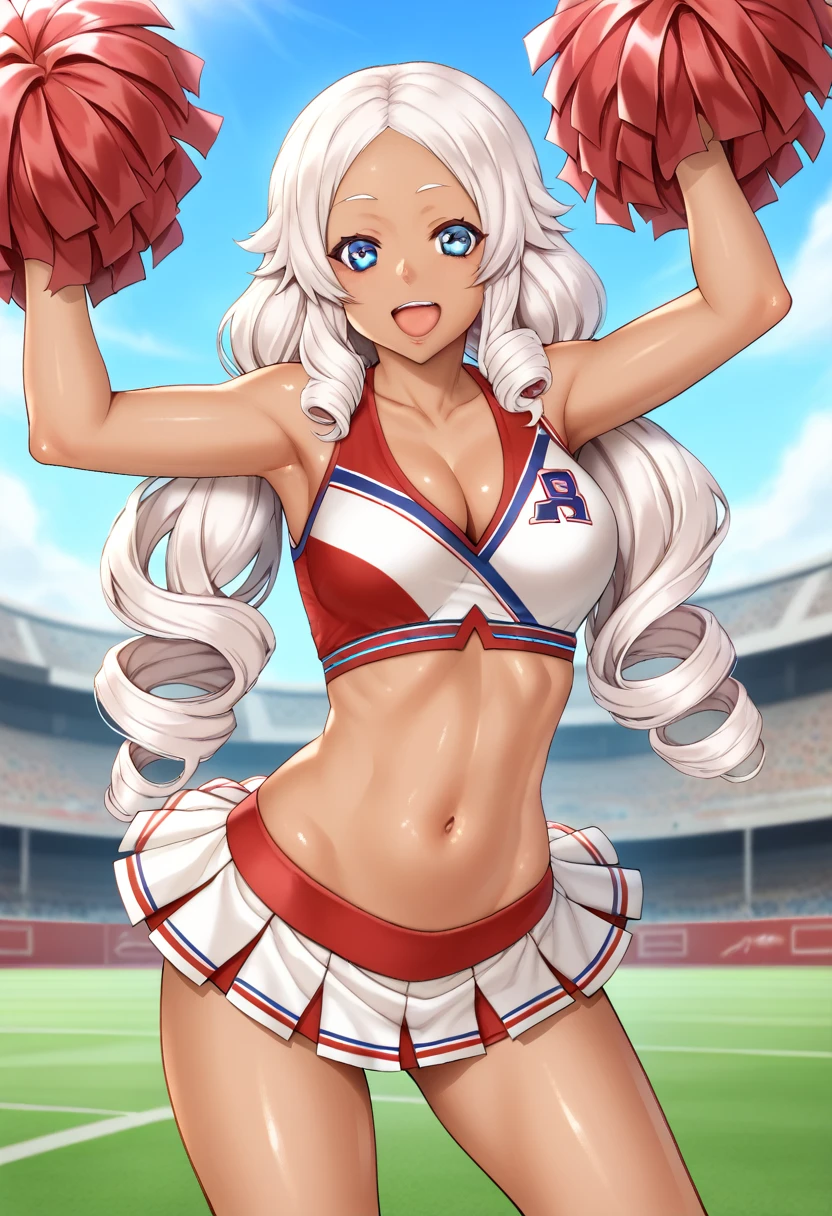 Score_9, rebis style-pxl, BREAK, 1girl, white hair, curly hair, parted bangs, dark skinned girl, very dark skin girl, long hair, low twintails, bare forehead, blue eyes, puffy lips, breasts, thighs, young girl, red cheerleader outfit, midriff, microskirt, cleavage, sports field, blue sky, smile, open mouth, shiny skin, (cowboy shot), body upclose, standing