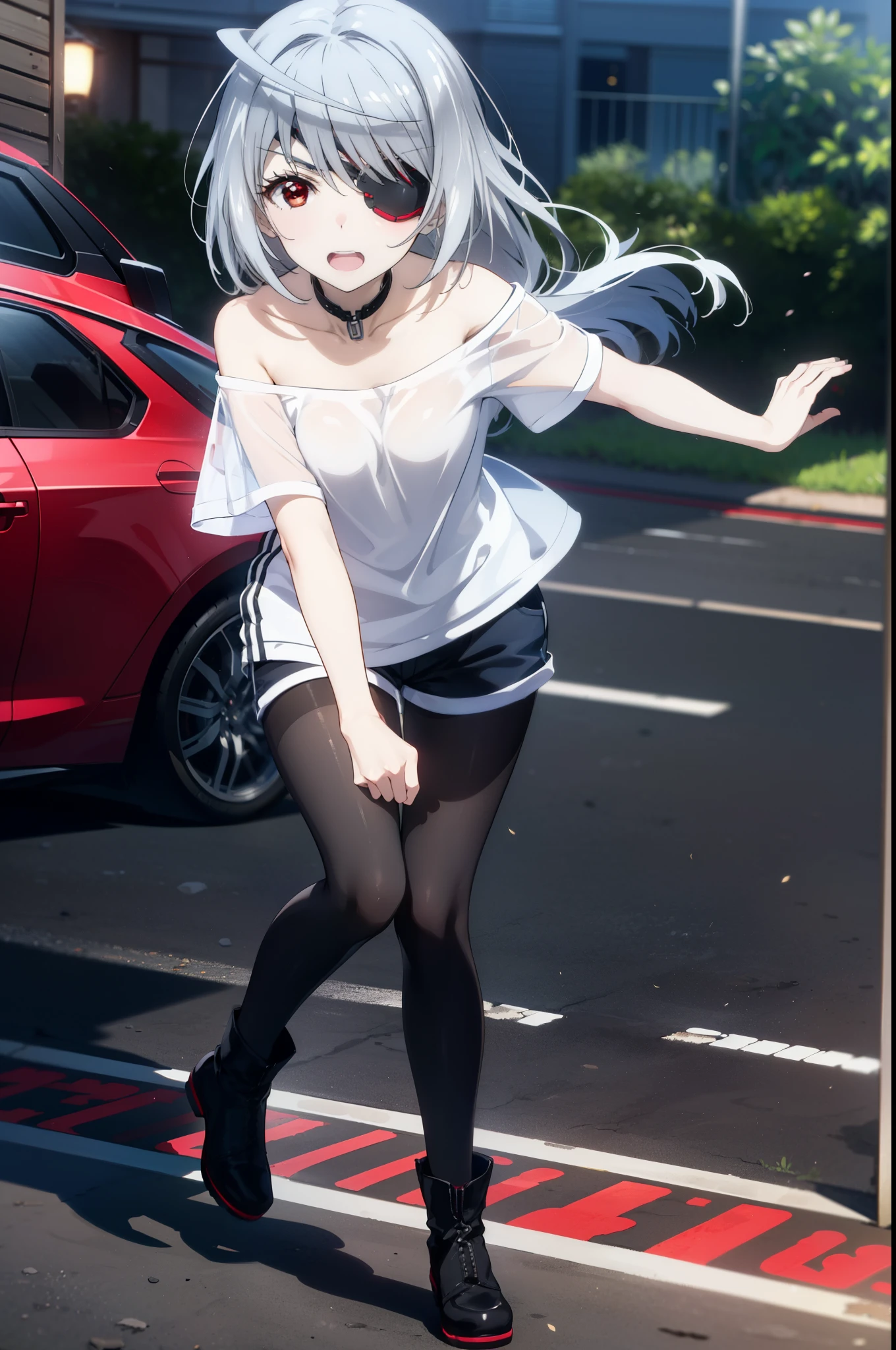 Laurabodewig, Laura Bodewig, Long Hair, (Red eyes:1.3), Grey Hair, Eye patch,smile,tooth,Open your mouth,Oversized one-shoulder shirt,Short sleeve,Shorts,Black pantyhose short boots,Walking,Daytime,Clear skies,whole bodyがイラストに入るように,
break outdoors, Building district,
break looking at viewer, whole body,
break (masterpiece:1.2), Highest quality, High resolution, unity 8k wallpaper, (figure:0.8), (Beautiful attention to detail:1.6), Highly detailed face, Perfect lighting, Highly detailed CG, (Perfect hands, Perfect Anatomy),