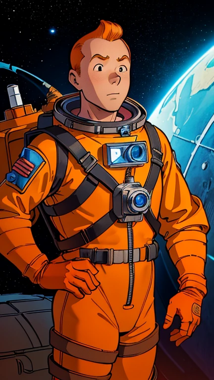 (1man, captain_haddock,1boy), (extremely detailed CG unit 8k wallpaper),(master part), (best quality), (ultra detail), (best illustration),(stud10gh1bl1_style), cowboy shot, (Sharp eyeliner, ombre, detailed eyes:1), Outer Space Station interiors background, ,break , (astronaut in an orange space suit), upper body,short hair ,black hair,
