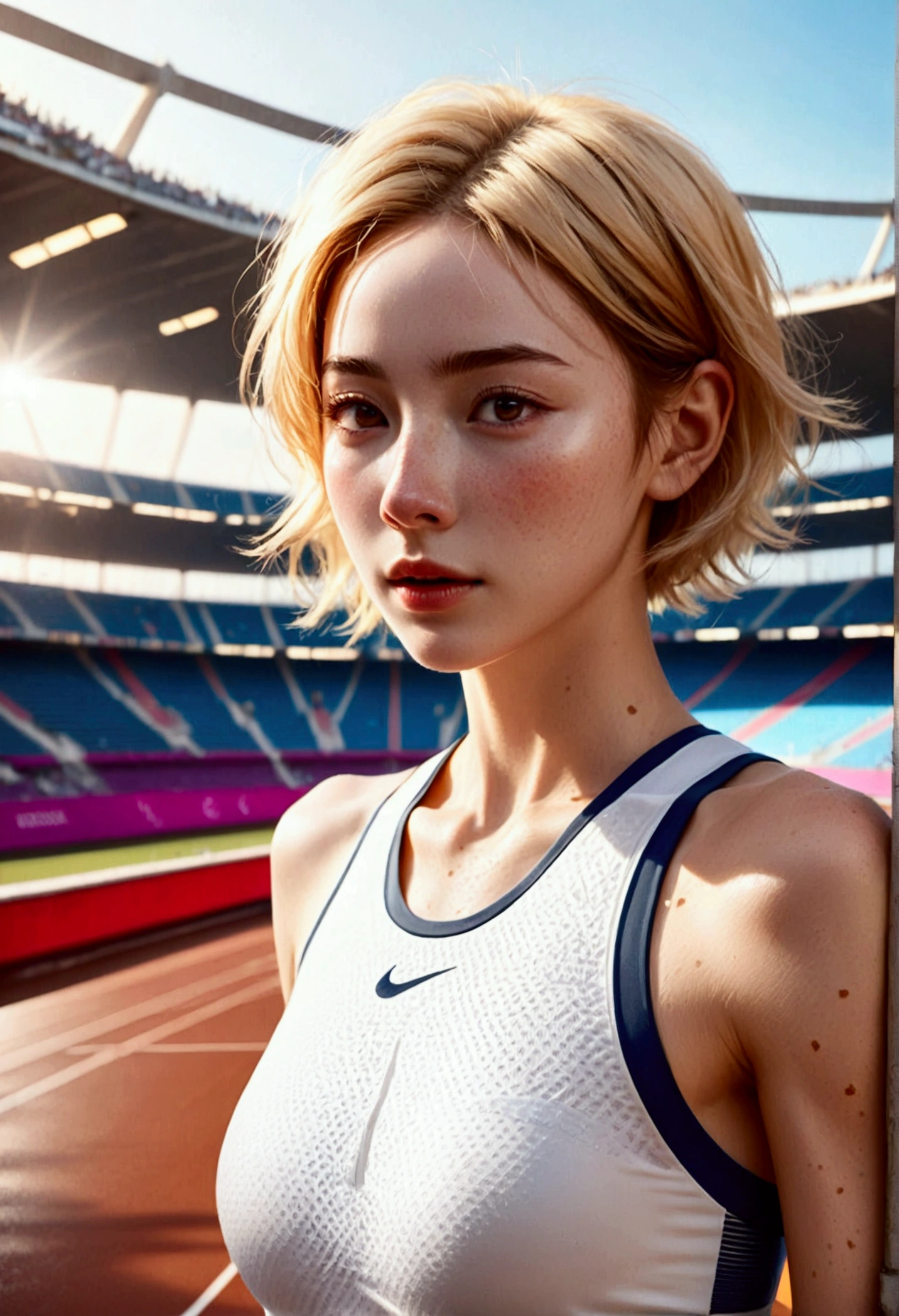 Paris Olympic Athletics Stadium, ((Masterpiece, Top Quality, High Resolution, Very Detailed)), (1 woman in her early 20s with beautiful features_very few freckles on the bridge of her nose, very hot and sexy, perfect proportions, beautiful body, slim body beauty:1.3), Olympics, Athletics Stadium, Female athlete running long distance, sports photo, (slightly sweaty bangs:1.3, exhausted, shiny pale skin, blonde very short hair_detailed:1.2), wearing tight white athletics suit_realistic details:1.2, 8k, high resolution, top quality,