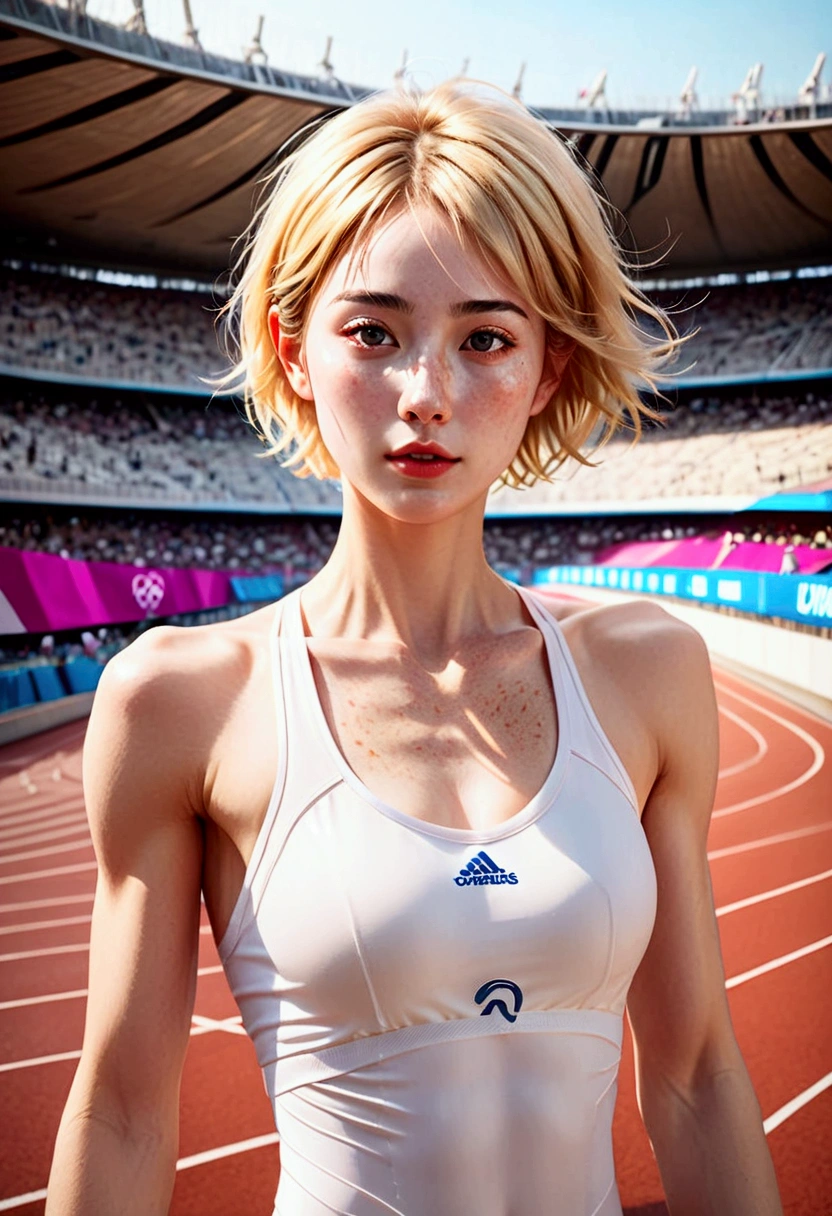 Paris Olympic Athletics Stadium, ((Masterpiece, Top Quality, High Resolution, Very Detailed)), (1 woman in her early 20s with beautiful features_very few freckles on the bridge of her nose, very hot and sexy, perfect proportions, beautiful body, slim body beauty:1.3), Olympics, Athletics Stadium, Female athlete running long distance, sports photo, (slightly sweaty bangs:1.3, exhausted, shiny pale skin, blonde very short hair_detailed:1.2), wearing tight white athletics suit_realistic details:1.2, 8k, high resolution, top quality,