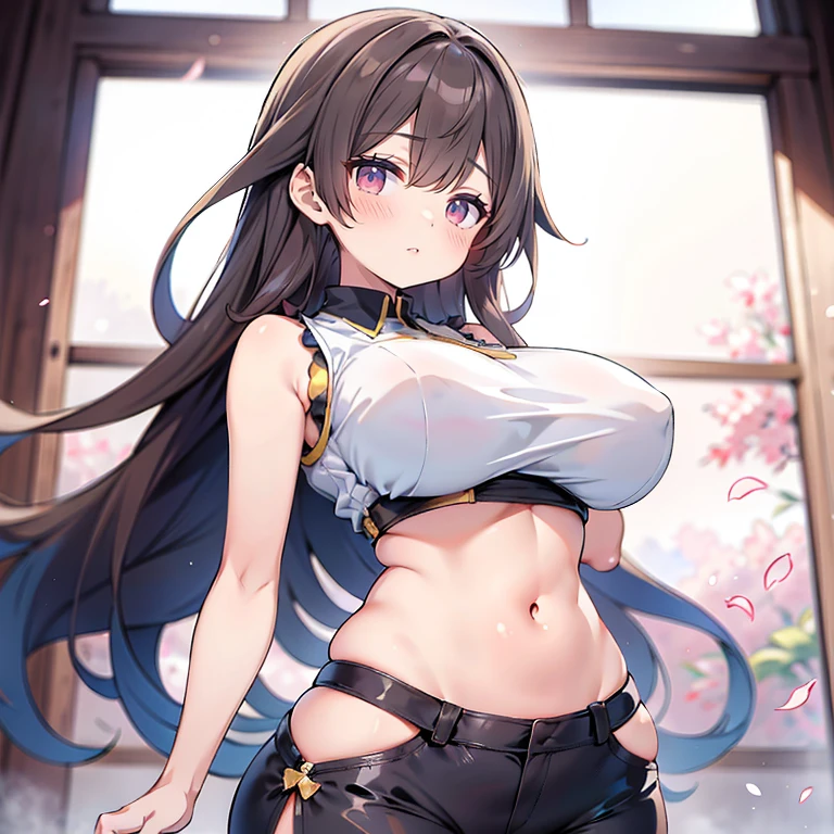 Anime Kawaii sexy Perfect Slim sensual body large breast and huge thighs, An intricate and highly detailed illustration of anime (Young girl). (work of art, Maximum quality, best qualityer), brown skinned anime girl wearing a v-neck sleeveless shirt and pants, starving from hunger, (descansando suavemente as hands on belly), (perspiring), (long hair), (hands on belly)