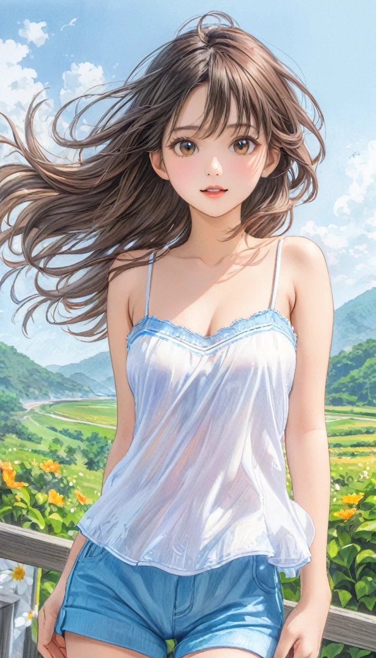  Photo quality、4K、woman，Short camisole，white，art，advertisement，Colored pencil drawing，draft 、Summer Girl、Wind