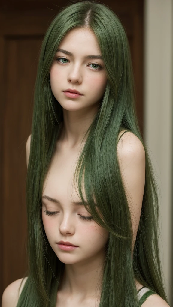 portrait of a girl. european. extremely detailed face. delicate features. oval face. long face. seductive. half-closed eyes. green eyes. long straight hairstyle. green hair. big breasts. sad. shy