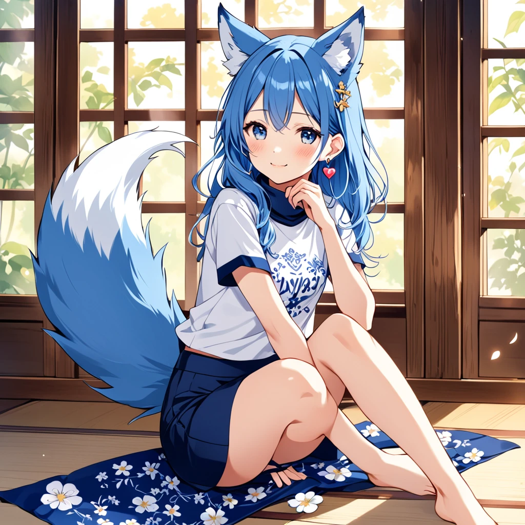 A Japanese demi-human (-teeith navy blue hair, long and a little wavy, falling gracefully from the shoulders.
Big and clear, always glowing with curiosity and enthusiasm.
clear and smooth, with a lightness that highlights its semi-human nature.
wolf's ears, covered in soft blue fur, positioned on top of the head, giving a lovely and distinctive appearance.
A blue wolf tail that wags happily, reflecting your emotions.
A white micro t-shirt with a turtleneck, equipped and with a beautiful design that matches its age.
A low-waisted pencil skirt, decorated with the acronym "WHITE" or flower designs for a touch .
Slender and exposed, but in an appropriate and innocent way, destacando sua figura esbelta.
Small heart-shaped earrings, adding a charm .
Making a heart with your hands in a cute way, sitting with legs crossed.
Always with a radiant smile or an expression of curiosity, ready to discover new stories.