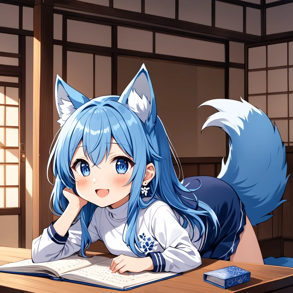 A Japanese demi-human (pre-) with navy blue hair, long and a little wavy, falling gracefully from the shoulders.
Big and clear, always glowing with curiosity and enthusiasm.
clear and smooth, with a lightness that highlights its semi-human nature.
wolf's ears, covered in soft blue fur, positioned on top of the head, giving a lovely and distinctive appearance.
A blue wolf tail that wags happily, reflecting your emotions.
A white micro t-shirt with a turtleneck, equipped and with a beautiful design that matches its age.
A low-waisted pencil skirt, decorated with the acronym "WHITE" or flower designs for a touch .
Slender and exposed, but in an appropriate and innocent way, destacando sua figura esbelta.
Small heart-shaped earrings, adding a charm .
Making a heart with your hands in a cute way, sitting with legs crossed.
Always with a radiant smile or an expression of curiosity, ready to discover new stories.