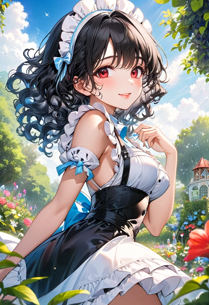 (beautiful style), (pov, solo:2, 15 yo), (beautiful detailed curly:1.3) (beautiful detailed black hair, long hair) (best sexy princess girl, best sexy red eyes, glossy lip, best grow smile:1.1, medium tits), in a immensely beautiful summer maid dress, break, in the beautiful enchanted garden, background beautiful summer sky, BREAK, perfect ???????, masterpiece, best quality, beautiful detailed pastel color, daydreaming expression.