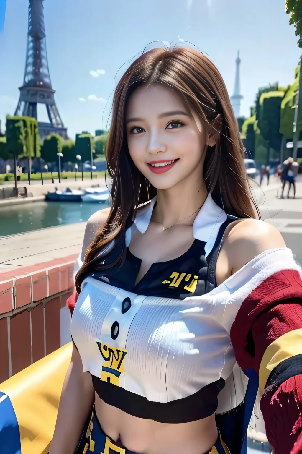(((Costume inspired by the Ukrainian flag:1.3))),(),(((smile:1.3))),(((Women supporting the Paris Olympics:1.3))),(((International flags on the streets of Paris))),(((Eiffel Tower in the background))),(((The Seine in the background))),masterpiece,Highest quality,Ultra-high resolution output images,Write Boundary Depth,Intricate details,Add depth to your subject with contrast between light and shadow,Anatomically correct facial structure),(Picture Mode Ultra HD,)