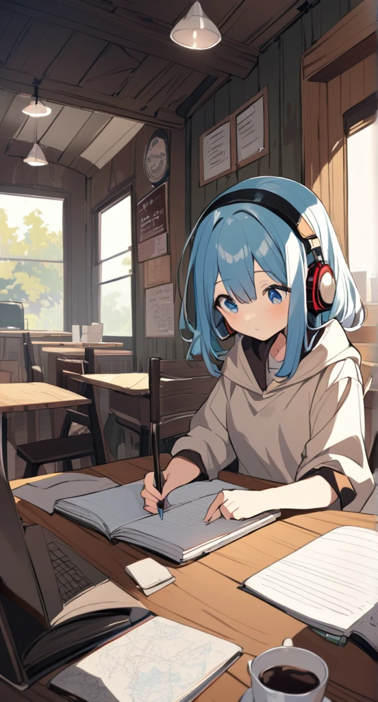 A cute girl is studying with her notebook open in an old coffee shop while wearing headphones。The table is messy、The whole desk is visible。There is coffee。Madhouse-like colors、A touch like Makoto Shinkai