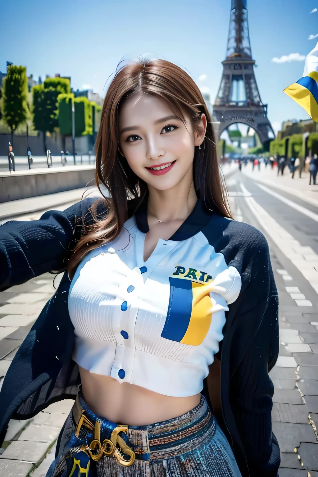 (((Costume inspired by the Ukrainian flag:1.3))),(),(((smile:1.3))),(((Women supporting the Paris Olympics:1.3))),(((International flags on the streets of Paris))),(((Eiffel Tower in the background))),(((The Seine in the background))),masterpiece,Highest quality,Ultra-high resolution output images,Write Boundary Depth,Intricate details,Add depth to your subject with contrast between light and shadow,Anatomically correct facial structure),(Picture Mode Ultra HD,)