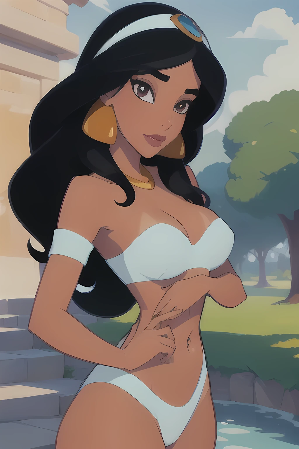 (Masterpiece, best quality: 1.2), solo focus, a sophisticated fanart, artwork about princess Jasmine, gazing lovingly and gently and serenely at the viewer, solo, alone, looking at viewer, centered and direct eyes, leaning-in close, face pov, beautiful face, perfectly-aligned eyes, open-eyes, matching beautiful brown eyes, eye symmetry, facial symmetry, tasteful sexy tanlines, fine-detail, high-focus, hard edges, thick lines, mid-level shading, well-outlined, well-drawn, artistic excellence, feminine, attractive, harem dancer outfit with thong, tubetop that clings to her nipples very-tightly, clothing accentuates her nipples, exposed navel and midriff, traditional media pencil-style drawing, fine-art by Tom Mulliner, realistic artwork by JIRKA VINSE, classic disney-themed artwork by Isabelle staub, art by Vixon, art by Inusen, art by Somka108, art by David_balsamique, (lively hopeful expressive eyes with eye-highlights, normal round-shaped pupils, round eyes, innocent eyes,) flawless opaque skin, even-complexion, tan skin with tasteful tanlines, clean face, clean art, porportional hands, hand symmetry, sexy feminine hands, body symmetry, perfect vision, single image, pristine, picturesque, cute sultry sexy face, amazing perfect lighting, well-defined fingers, well-outlined hands, heavily-outlined hands, good-natured, perfectly-colored and detailed Lineart, coloring page, physical body, corporeal skin, rich coloration, minimal blending, distinct full fingers, correct amount of fingers, very-normal hands and fingers, closed mouth, slightly glossy lips, realistic-lip detail,