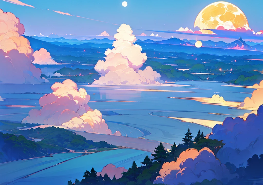 (((lakeに映る月、beautiful反射風景、lake、water surface))), (Stylish, Fantasy, Night view、beautiful月、full moon、大きなfull moon、Yellow Moon、beautiful空, cumulonimbus), nature, beautiful, beautiful, beautiful空, (Landscape painting, Anime Style, Anime Style景, background), (high resolution, Sharp lines, High quality)