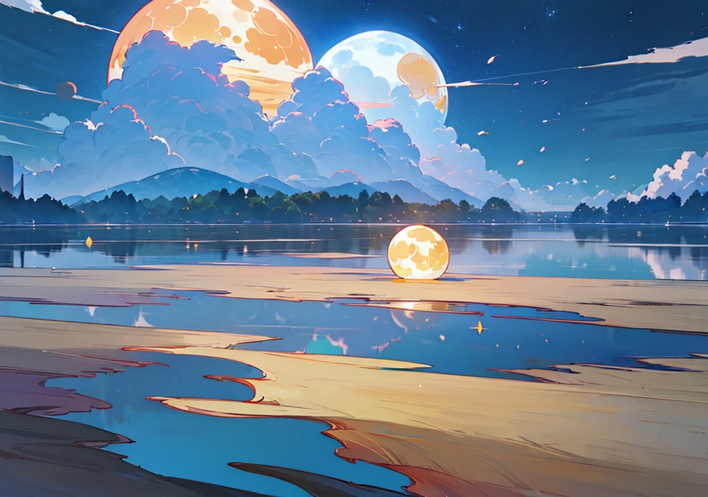 (((lakeに映る月、beautiful反射風景、lake、water surface))), (Stylish, Fantasy, Night view、beautiful月、full moon、大きなfull moon、Yellow Moon、beautiful空, cumulonimbus), nature, beautiful, beautiful, beautiful空, (Landscape painting, Anime Style, Anime Style景, background), (high resolution, Sharp lines, High quality)