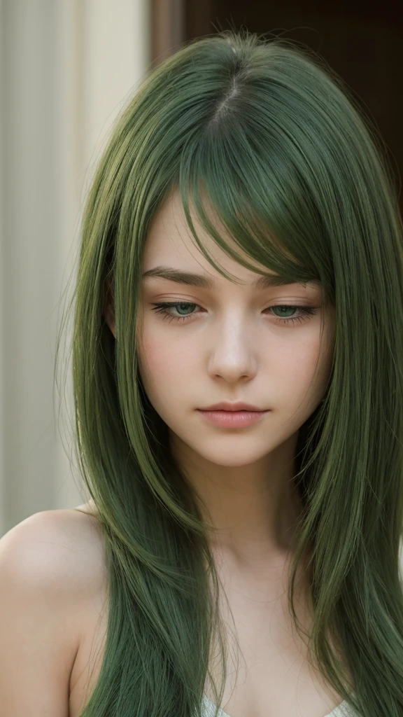 a girl. Europe. Oval face. delicate facial features. sexy face. charming. half-closed eyes. green eyes. long straight hairstyle. messy hair. green hair. Sad. shy. straight face