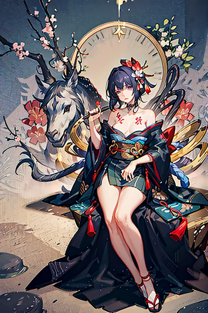 ((roll up bandage sideways on a chest tightly to cover the chest without gaps)), bandage samweways, the bantage is no chest shape, flat chest, ((Japanese Gangster BOSS)), adult woman with the dignified presence, Killing Qi, wear nothing around shoulder, wear nothing around neck, wear the kimono, wear it below the waist, (I wind it up to control it, and to attach it), ((kimono come off)) ,wear the kimono multiple times, Bare shoulders and the clavicle, black and gold kimono, put on over jacket of kimono, (holding a japanese sword which shine in purple, The handole of the sword is black, and the blade is gray, long sword), eye fire, low angle, whole body, bandage is seen, anime character, Glaring, off sholder, nappropriate smile, Excellent, black blue hair, can see both shoulder, ((long kimono hem)), small face, ((some cherry blossam big tattoo on the arm)),((Sit with your legs folded)), ((background Japanese gate with circlr mark)),Muscular,drink sake,fullmoon in the sky, The kimono is spreading,(((ultra-detailed)))
