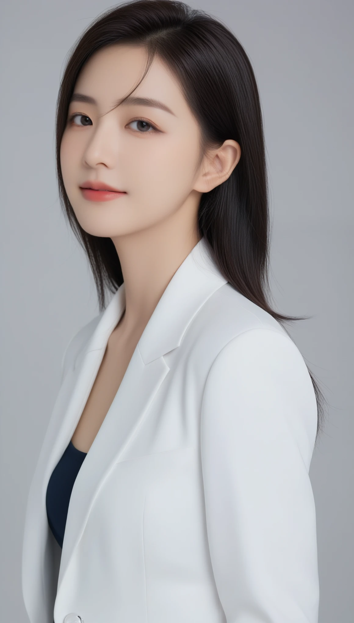 8k, Ultra-high resolution, Highest quality, masterpiece, 三分割法によるphotograph,Surreal, photograph, 1 girl, (:1.3), pretty girl, Cute Face, Beautiful eyes in every detail, 細かくdetailedに,masterpiece,One Girl:1.2, Japan Female Announcer,Tabletop,Glare,Black Hair,Slicked back hair,Blazer Uniform,White collared blouse,The chest buttons are open,Sharp focus、Perfect dynamic composition、Beautiful and detailed、Thin Hair、Realistic skin texture with attention to detail、smile、Close-up portrait、Model body type,Looking at the audience、beauty,Long neck、(((Ideal body type))),A-cup small breasts :2,、Portraiture:2、Perfect Anatomy、なdetailed、detailed、Surreal、Light and shadow,Strong light
