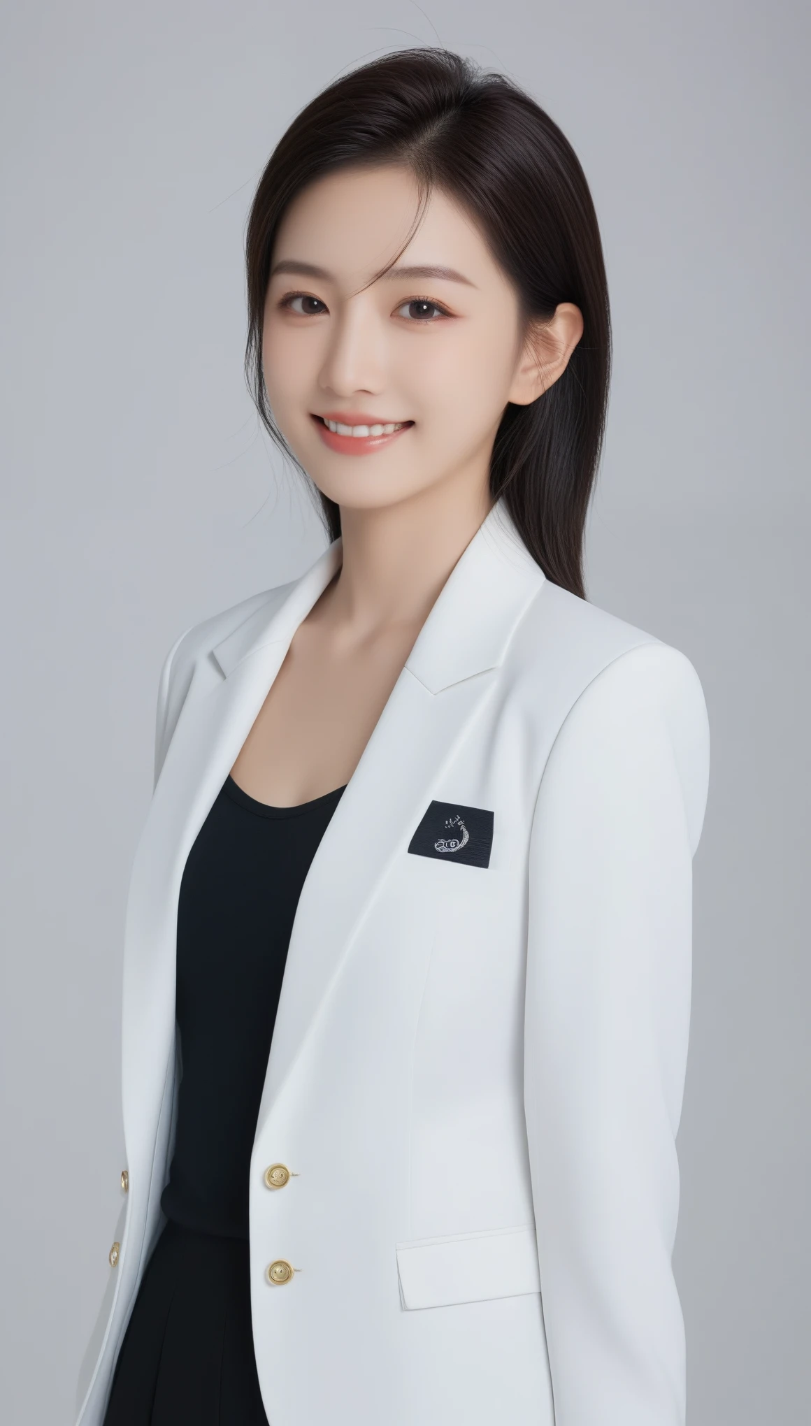 8k, Ultra-high resolution, Highest quality, masterpiece, 三分割法によるphotograph,Surreal, photograph, 1 girl, (16 years old:1.3), pretty girl, Cute Face, Beautiful eyes in every detail, 細かくdetailedに,masterpiece,One Girl:1.2, Japan Female Announcer,Tabletop,Glare,Black Hair,Slicked back hair,Blazer Uniform,White collared blouse,The chest buttons are open,Sharp focus、Perfect dynamic composition、Beautiful and detailed、Thin Hair、Realistic skin texture with attention to detail、smile、Close-up portrait、Model body type,Looking at the audience、beauty,Long neck、(((Ideal body type))),A-cup small breasts :2,、Portraiture:2、Perfect Anatomy、なdetailed、detailed、Surreal、Light and shadow,Strong light
