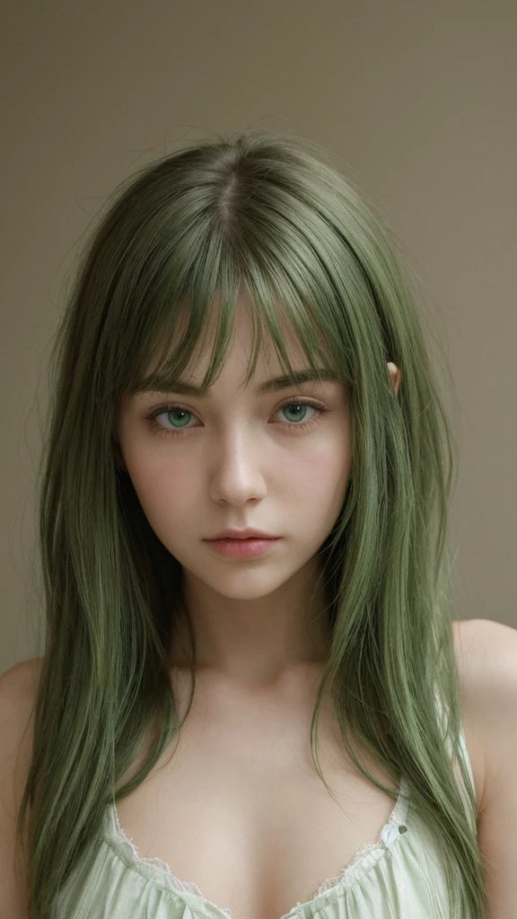 a girl. Europe. Oval face. delicate facial features. sexy face. charming. half-closed eyes. green eyes. long straight hairstyle. messy hair. green hair. Sad. shy. straight face