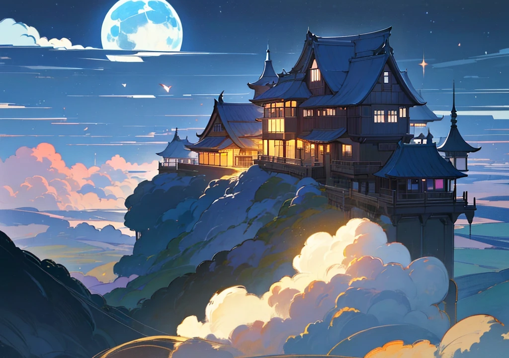 (((Floating House, The house is floating,Western style,Cafe, Western style建築, Stylishな家))), (Stylish, Fantasy, Night view、beautiful月、full moon、beautiful空, cumulonimbus), nature, beautiful, beautiful, beautiful空, (Landscape painting, Anime Style, Anime Style景, background), (high resolution, Sharp lines, High quality)