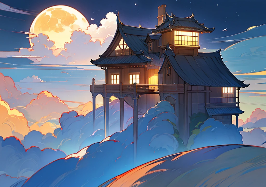 (((Floating House, The house is floating,Western style,Cafe, Western style建築, Stylishな家))), (Stylish, Fantasy, Night view、beautiful月、full moon、beautiful空, cumulonimbus), nature, beautiful, beautiful, beautiful空, (Landscape painting, Anime Style, Anime Style景, background), (high resolution, Sharp lines, High quality)