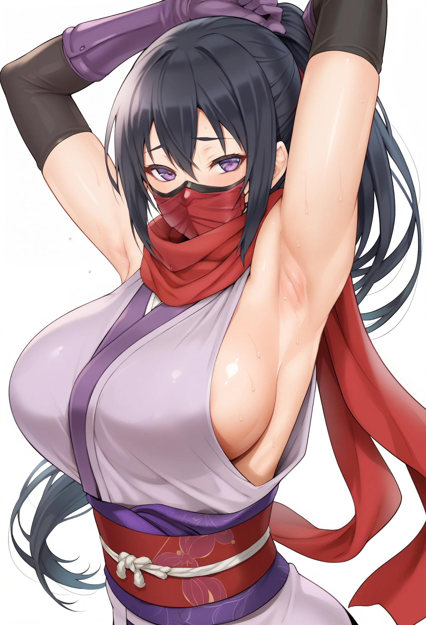 rebis style-pxl, score_9, score_8_up, score_7_up, source_anime, rating:general, 1girl, armpits, breasts, mask, solo, ninja mask, purple eyes, gloves, mouth mask, purple gloves, sweat, scarf, elbow gloves, japanese clothes, ninja, blush, looking at viewer, long hair, short kimono, kimono, arms up, red scarf, large breasts, black hair, sideboob, low ponytail, sash, white background, presenting armpit, shiny skin, sleeveless, upper body, very long hair, covered mouth, half-closed eyes, simple background, ponytail, obi, sleeveless kimono